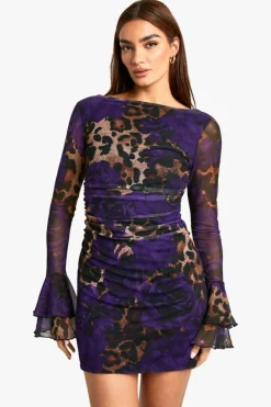 Skater Dresses|Mini Dresses*boohoo Slash Neck Mixed Leopard Print Flare Sleeve Mini Dress brown