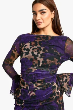 Skater Dresses|Mini Dresses*boohoo Slash Neck Mixed Leopard Print Flare Sleeve Mini Dress brown