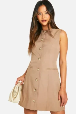Skater Dresses*boohoo Slash Neck Mock Horn Mini Dress mocha