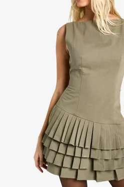 Skater Dresses|Mini Dresses*boohoo Slash Neck Pleated Raw Edge Mini Dress khaki