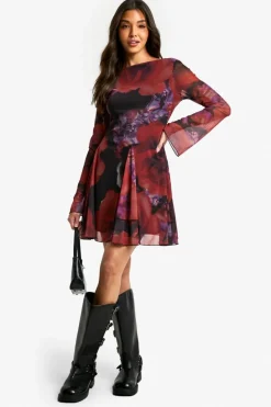 Skater Dresses|Mini Dresses*boohoo Slash Neck Scoop Back Godet Hem Floral Mesh Dress red