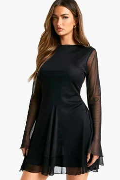 Skater Dresses*boohoo Slash Neck Scoop Back Godet Hem Mesh Dress black