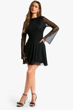Skater Dresses*boohoo Slash Neck Scoop Back Godet Hem Mesh Dress black