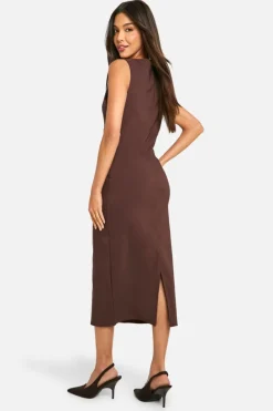 Midi Dresses*boohoo Slash Neck Tailored Midi Dress chocolate