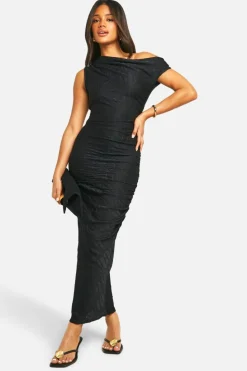 Bodycon Dresses*boohoo Slash Neck Textured Rib Midaxi Dress black
