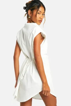 Shirt Dresses*boohoo Sleeveless Poplin Shoulder Pad Dress white