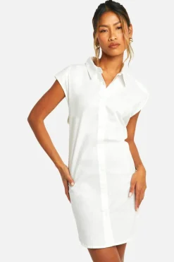 Shirt Dresses*boohoo Sleeveless Poplin Shoulder Pad Dress white