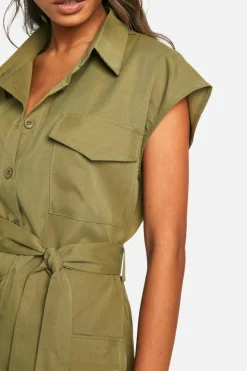 Shirt Dresses*boohoo Sleeveless Utility Shirt Dress khaki