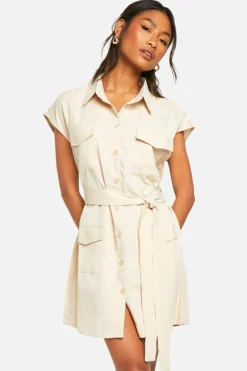 Shirt Dresses*boohoo Sleeveless Utility Shirt Dress stone