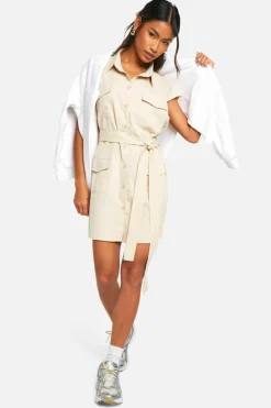 Shirt Dresses*boohoo Sleeveless Utility Shirt Dress stone