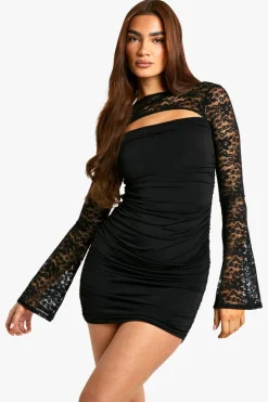 Long Sleeve Dresses|Long Sleeve Dresses*boohoo Slinky and Lace Mix Ruched Mini Dress black