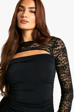 Long Sleeve Dresses|Long Sleeve Dresses*boohoo Slinky and Lace Mix Ruched Mini Dress black