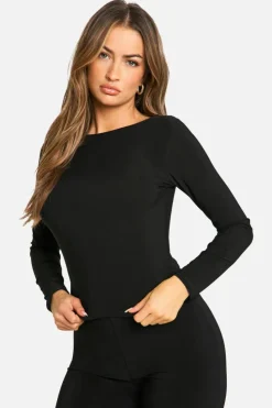 Long Sleeve Tops|Boohoo Basics*boohoo Slinky Boat Neck Long Sleeve Top black