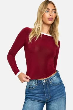 Long Sleeve Tops*boohoo Slinky Contrast Binding Long Sleeve Top berry