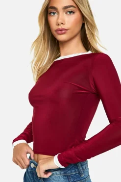 Long Sleeve Tops*boohoo Slinky Contrast Binding Long Sleeve Top berry