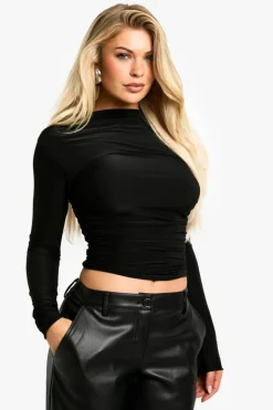 Long Sleeve Tops*boohoo Slinky Extreme Ruched Long Sleeve Top black