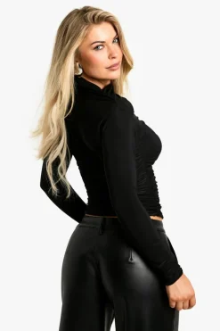 Long Sleeve Tops*boohoo Slinky Extreme Ruched Long Sleeve Top black