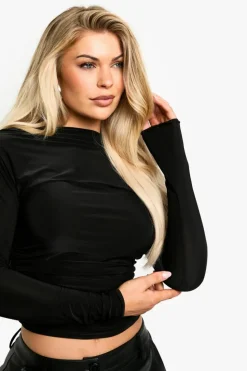 Long Sleeve Tops*boohoo Slinky Extreme Ruched Long Sleeve Top black