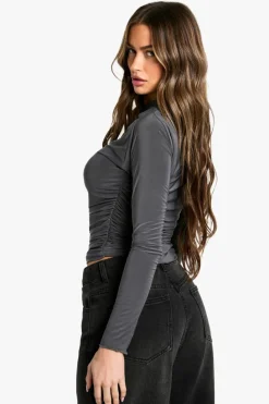 Long Sleeve Tops*boohoo Slinky Extreme Ruched Long Sleeve Top charcoal