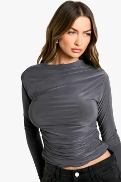 Long Sleeve Tops*boohoo Slinky Extreme Ruched Long Sleeve Top charcoal