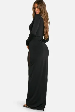 Maxi Dresses|Long Sleeve Dresses*boohoo Slinky Mesh Detail Long Sleeve Maxi Dress black
