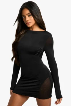 Bodycon Dresses|Mini Dresses*boohoo Slinky Mesh Detail Long Sleeve Mini Dress black