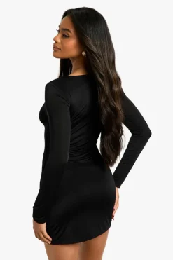 Bodycon Dresses|Mini Dresses*boohoo Slinky Mesh Detail Long Sleeve Mini Dress black