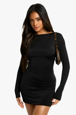 Bodycon Dresses|Mini Dresses*boohoo Slinky Mesh Detail Long Sleeve Mini Dress black
