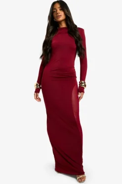 Bodycon Dresses|Maxi Dresses*boohoo Slinky Mesh Detail Long Sleeve Maxi Dress plum