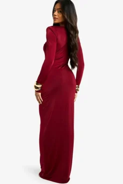 Bodycon Dresses|Maxi Dresses*boohoo Slinky Mesh Detail Long Sleeve Maxi Dress plum