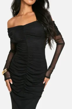 Bodycon Dresses|Maxi Dresses*boohoo Slinky Mesh Detail Off Shoulder Maxi Dress black