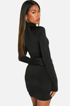 Wrap Dresses*boohoo Slinky Mesh Wrap Detail Mini Dress black