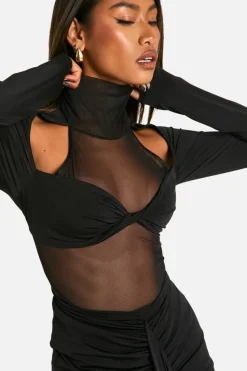 Wrap Dresses*boohoo Slinky Mesh Wrap Detail Mini Dress black