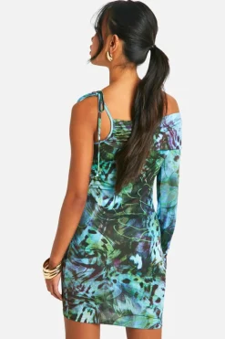 Bodycon Dresses*boohoo Slinky Printed One Shoulder Mini Dress blue