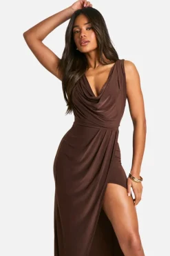 Wrap Dresses|Maxi Dresses*boohoo Slinky Rouched Wrap Maxi Dress chocolate