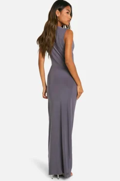 Maxi Dresses*boohoo Slinky Slash Neck Ruched Maxi Dress charcoal