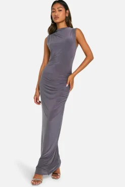 Maxi Dresses*boohoo Slinky Slash Neck Ruched Maxi Dress charcoal