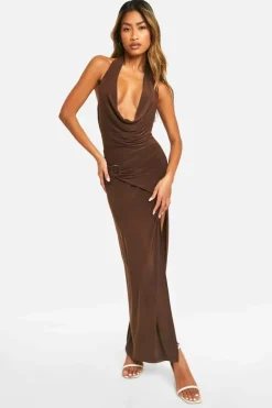 Wrap Dresses*boohoo Slinky Wrap Waist Maxi Dress chocolate