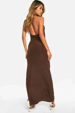 Wrap Dresses*boohoo Slinky Wrap Waist Maxi Dress chocolate