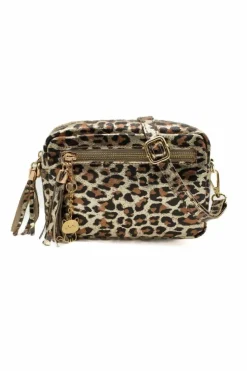 Cross-Body Bags*Kitise Small Italian Genuine Leather Metallic Leopard Print Tassel Charm Crossbody Bag Brown
