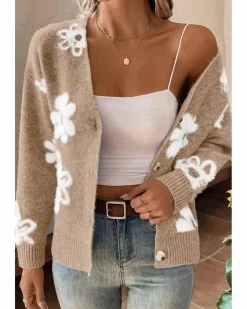 Cardigans*Azura Exchange Smoke Gray Floral Print V Neck Knitted Button up Cardigan Multi