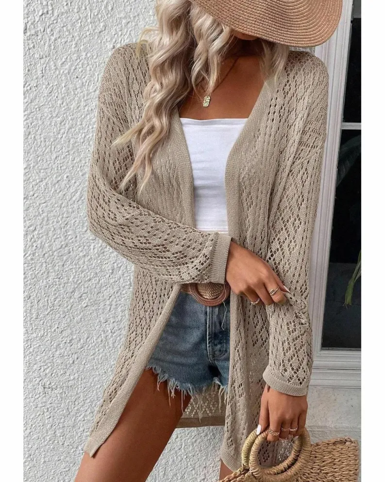 Cardigans*Azura Exchange Smoke Gray Solid Color Pointelle Knit Open Front Cardigan Multi