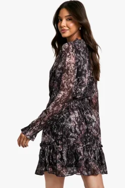 Skater Dresses|Mini Dresses*boohoo Print Chiffon Long Sleeve Skater Dress snake
