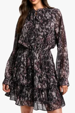 Skater Dresses|Mini Dresses*boohoo Print Chiffon Long Sleeve Skater Dress snake