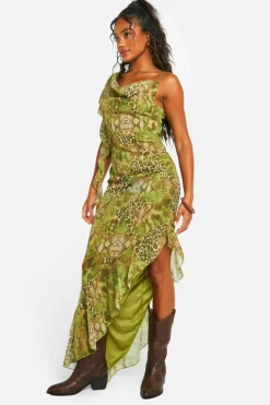 Maxi Dresses|Dresses*boohoo Snake Printed Cowl Neck Maxi Dress green