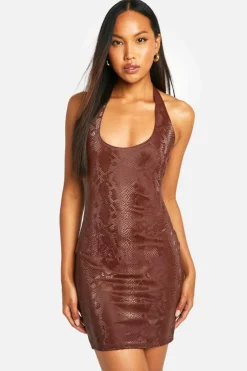 Bodycon Dresses*boohoo Snake Pu Halter Mini Dress chocolate
