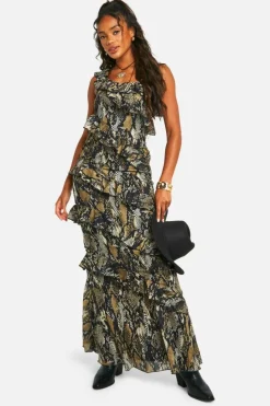 Maxi Dresses|Dresses*boohoo Snake Ruffle Chiffon Asymmetric Maxi Dress brown