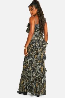 Maxi Dresses|Dresses*boohoo Snake Ruffle Chiffon Asymmetric Maxi Dress brown