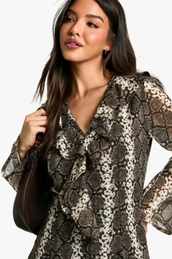 Mini Dresses|Long Sleeve Dresses*boohoo Snake Ruffle Shift Dress brown