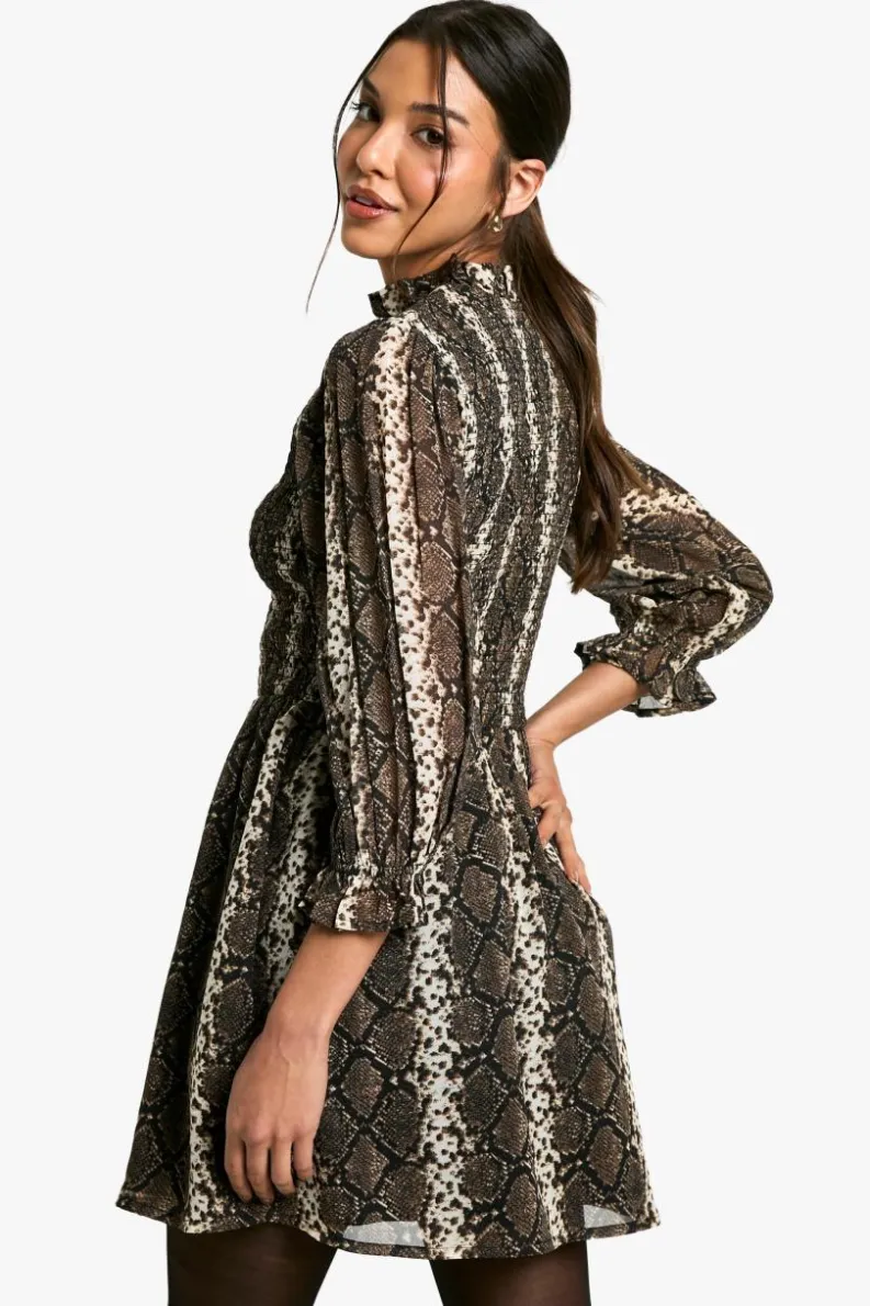 Smock Dresses|Mini Dresses*boohoo Snake Shirred Smock Dress brown